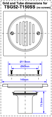 TSG52-T150SS technical drawing dimensions of the top. Plan drawing