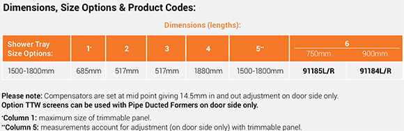 AKW Option TTW Shower Doors for Wet Rooms Dimensions