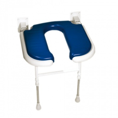Wall Mounted Fold Up Horseshoe Padded Shower Seat with Support Legs - Blue