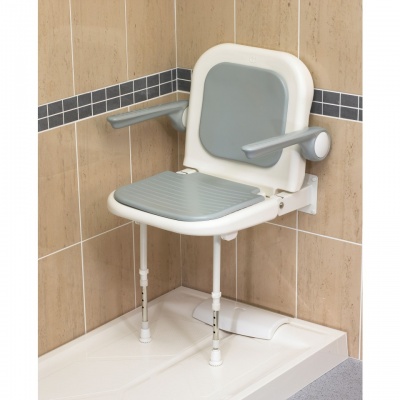 Wall Mounted Fold Up Padded Shower Seat with Back and Arms - Grey - 4000 Series - 04230P