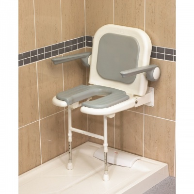 Wall Mounted Fold Up Horseshoe Padded Shower Seat with Back and Arms - Grey 04260P