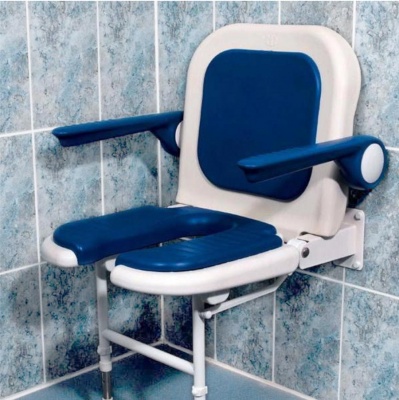 Wall Mounted Fold Up Horseshoe Padded Shower Seat with Back and Arms - Blue 04160P