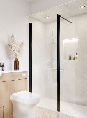 AKW Level Best Wall Hung Shower Screen with Deflector Panel - Black Frame