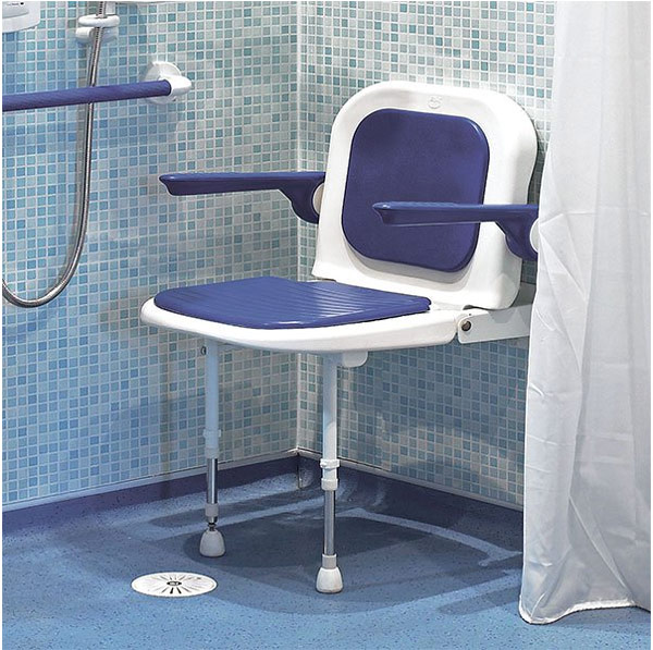 Wall Mounted Fold Up Blue Padded Shower, Shower Chair With Arms