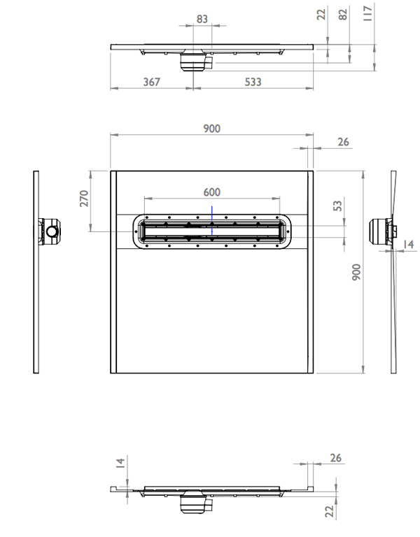 Aqua-Dec Linear 2 900x900 features two gradients to assist flow to the linear drain. Standard steel insert; can be upgraded to tile insert