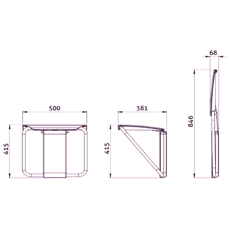 Black Granite colour Slimfold shower seat bench. Slimfold bench has just 68mm Projection when folded away.