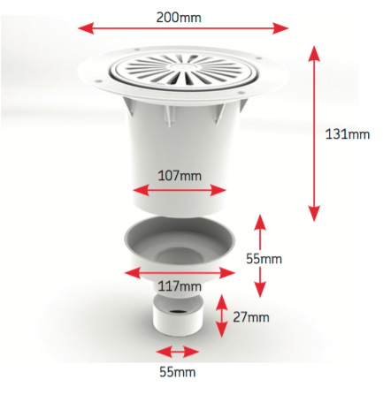 AKW TF75 Bottom outlet & Adaptor for tiles (25408 & LB00171)