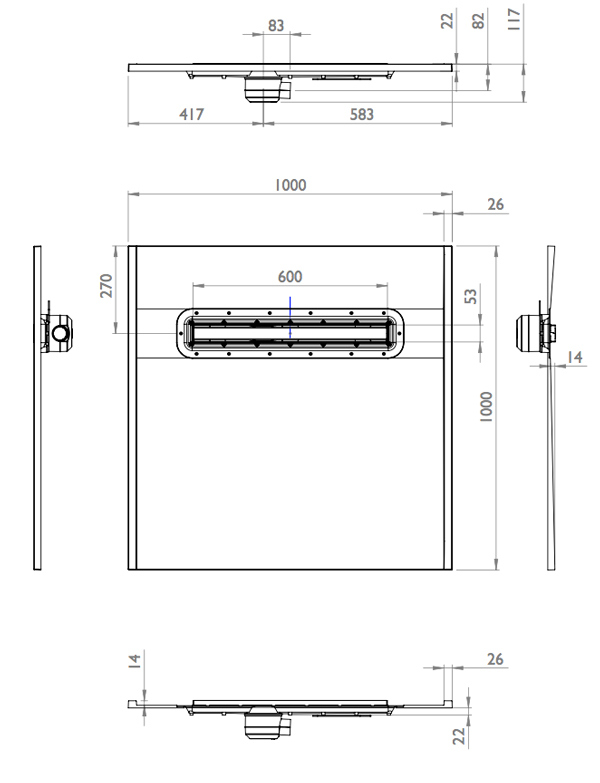 Aqua-Dec Linear 2 1000x1000 features two gradients to assist flow to the linear drain. Standard steel insert; can be upgraded to tile insert