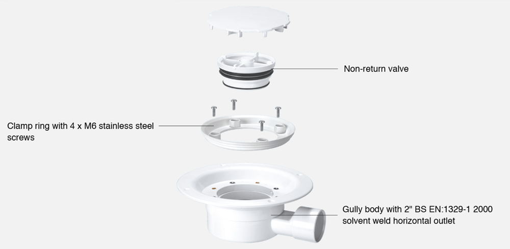 The McAlpine VSG1 Waste Outlet with non return valve for vinyl flooring has a flow rate of 30 litres per minute