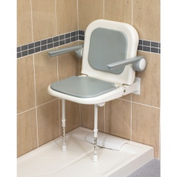 Wall Mounted Fold Up Padded Shower Seat with Back and Arms - Grey - 4000 Series - 04230P
