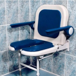 Wall Mounted Fold Up Horseshoe Padded Shower Seat with Back and Arms - Blue